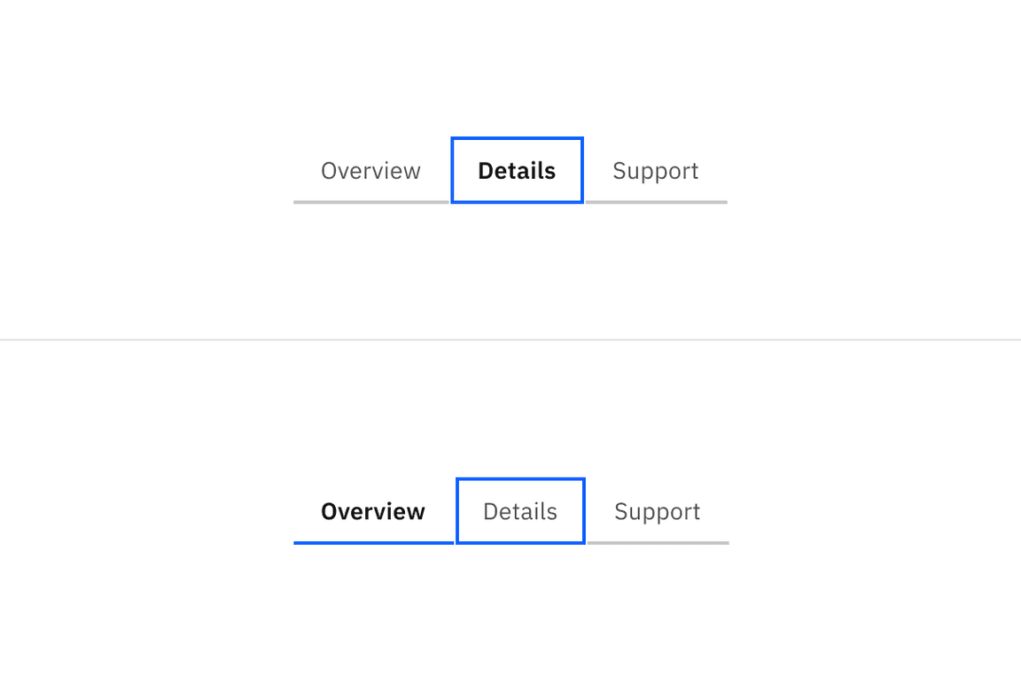 Two variants of a tablist with tabs called Overview, Details, and Support. In the first, the Details tab is selected and focused. In the second the Overview tab is still selected and the Details tab has a focus indicator